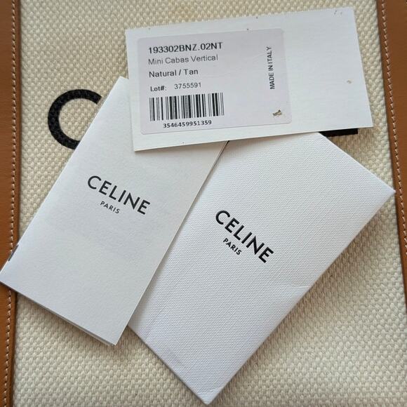 Celine Tan/Natural Mini Cabas Vertical Leather/Textile Logo Tote Bag - Picture 4 of 12